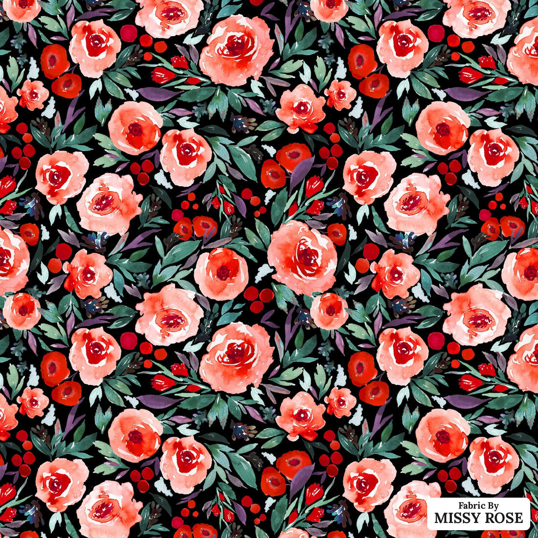Indy Bloom Fabric Christmas Summer Berry Black 28 flat view of the printed design | Fabric by Missy Rose