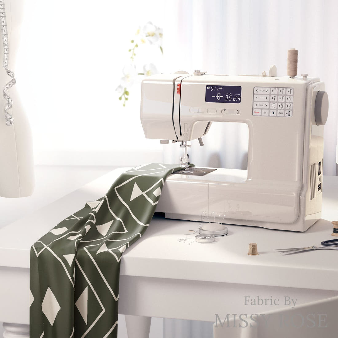Indy Bloom Fabric Desert Rose Aztec Green 11 fabric on a sewing machine - sew your own | Fabric by Missy Rose