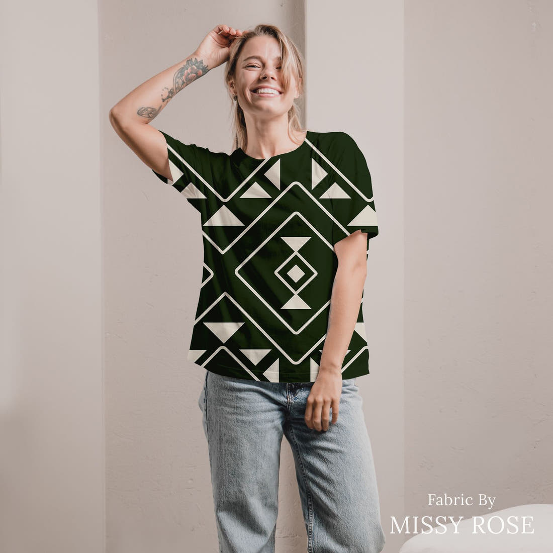 Indy Bloom Fabric Desert Rose Aztec Green 11 sewn into an all-over print shirt - custom printed fabric | Fabric by Missy Rose