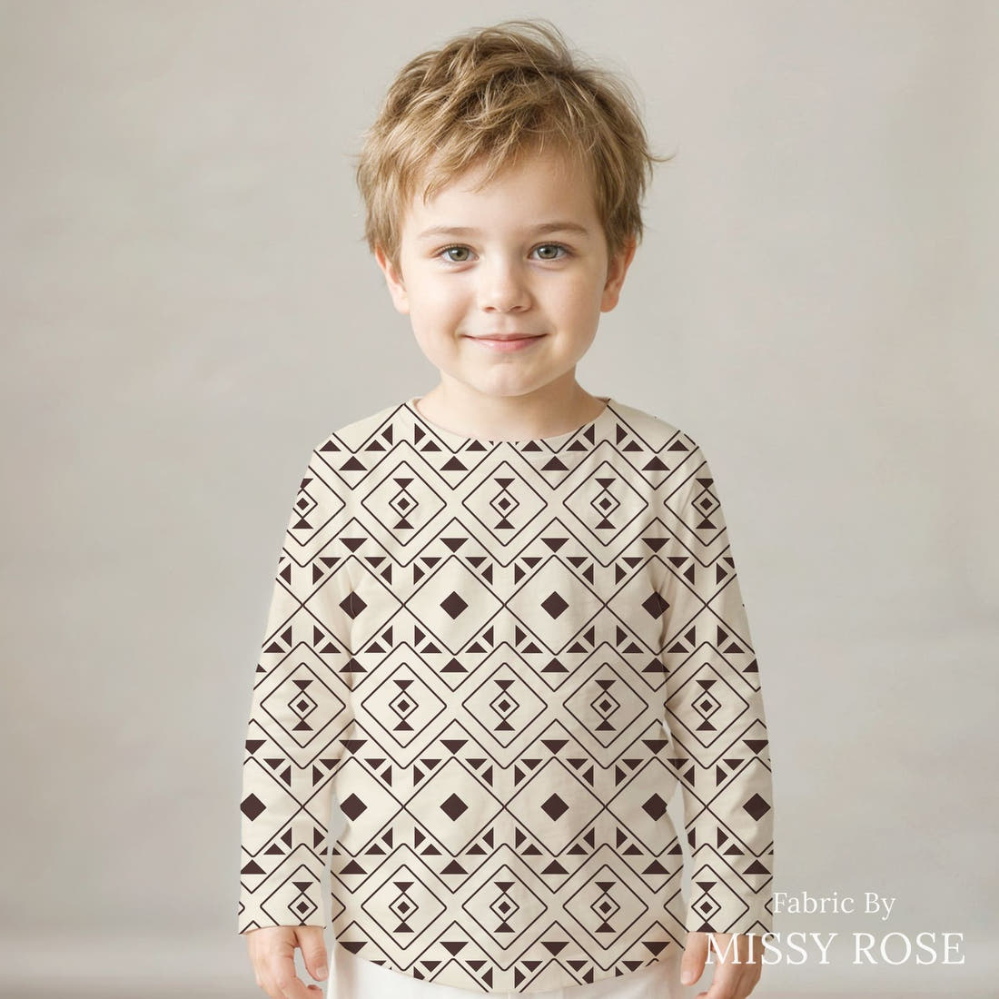 Indy Bloom Fabric Desert Rose Aztec Maroon 12 sewn into a kids' all-over tee - custom printed fabric | Fabric by Missy Rose