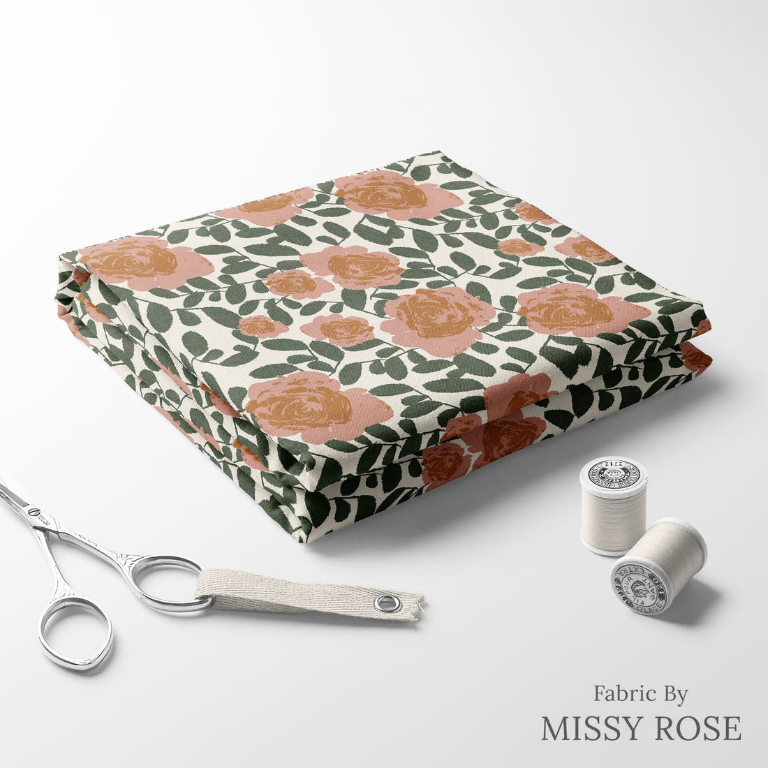 Indy Bloom Fabric Desert Rose Beige 05 folded fabric stack with matching thread - pre-order fabric Australia | Fabric by Missy Rose