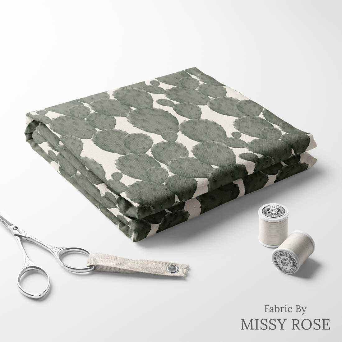 Indy Bloom Fabric Desert Rose Cactus Green 03 folded fabric stack with matching thread - pre-order fabric Australia | Fabric by Missy Rose