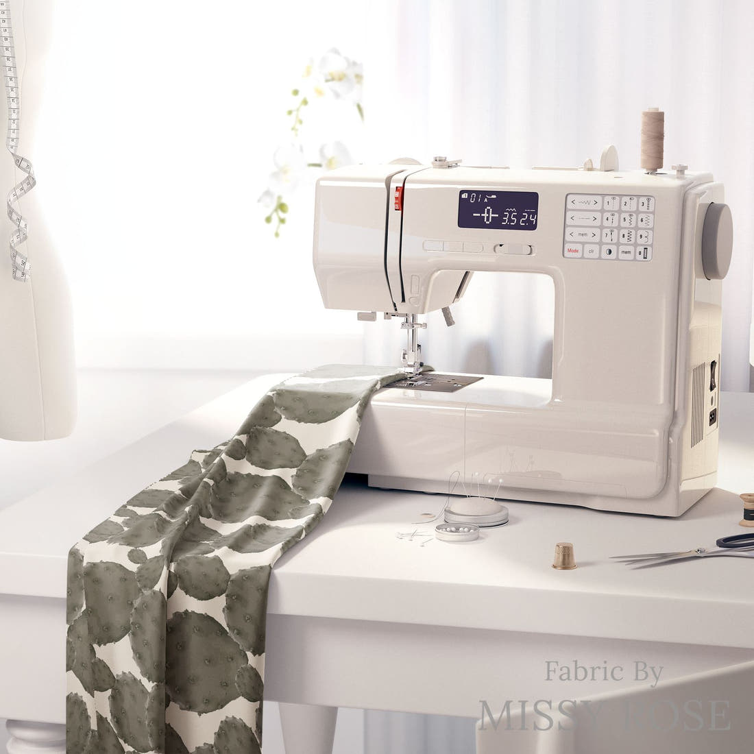 Indy Bloom Fabric Desert Rose Cactus Green 03 fabric on a sewing machine - sew your own | Fabric by Missy Rose