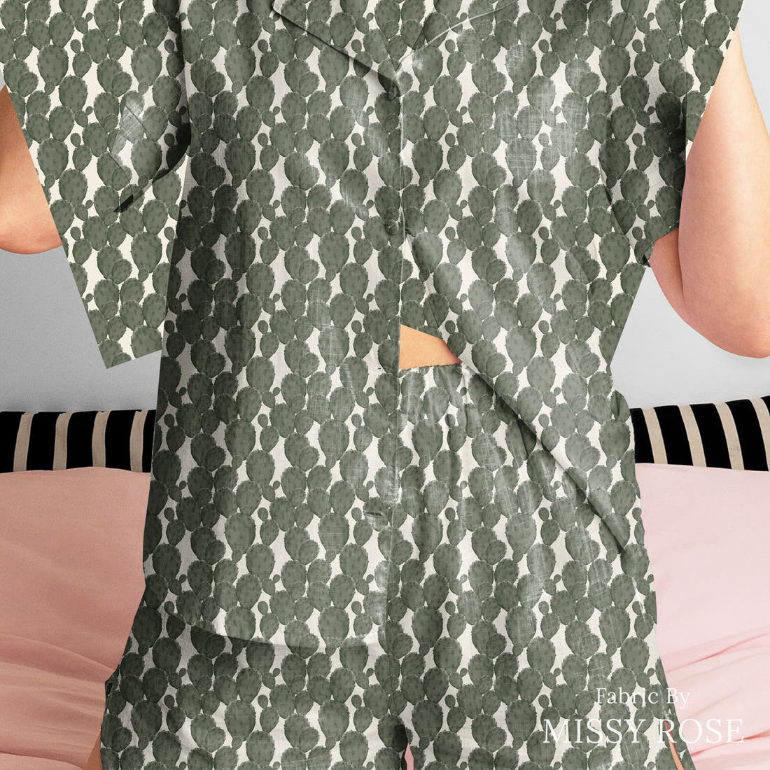 Indy Bloom Fabric Desert Rose Cactus Green 03 sewn into a women's pyjama set - custom printed fabric | Fabric by Missy Rose