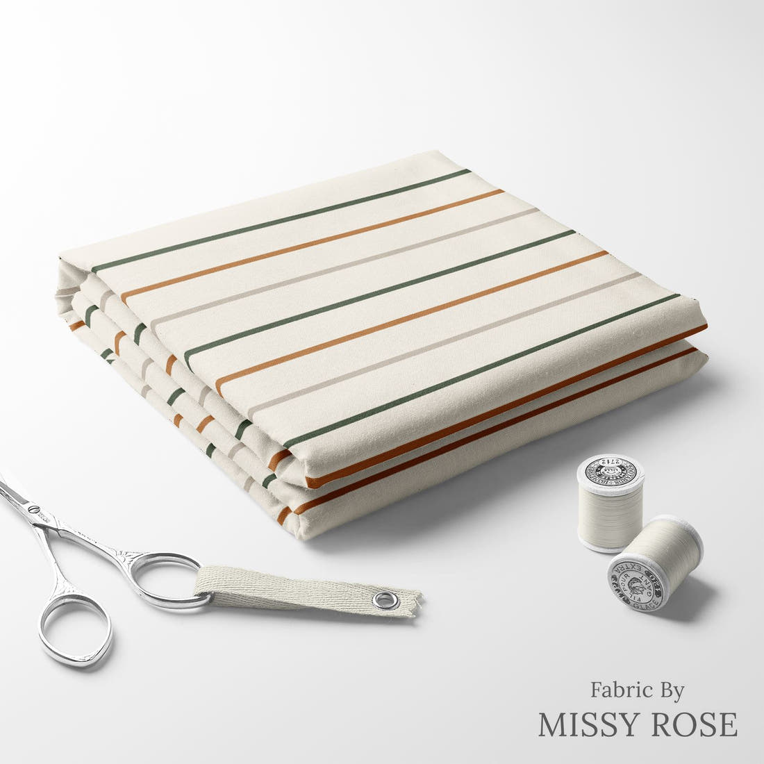 Indy Bloom Fabric Desert Rose Clay Stripe 08 folded fabric stack with matching thread - pre-order fabric Australia | Fabric by Missy Rose