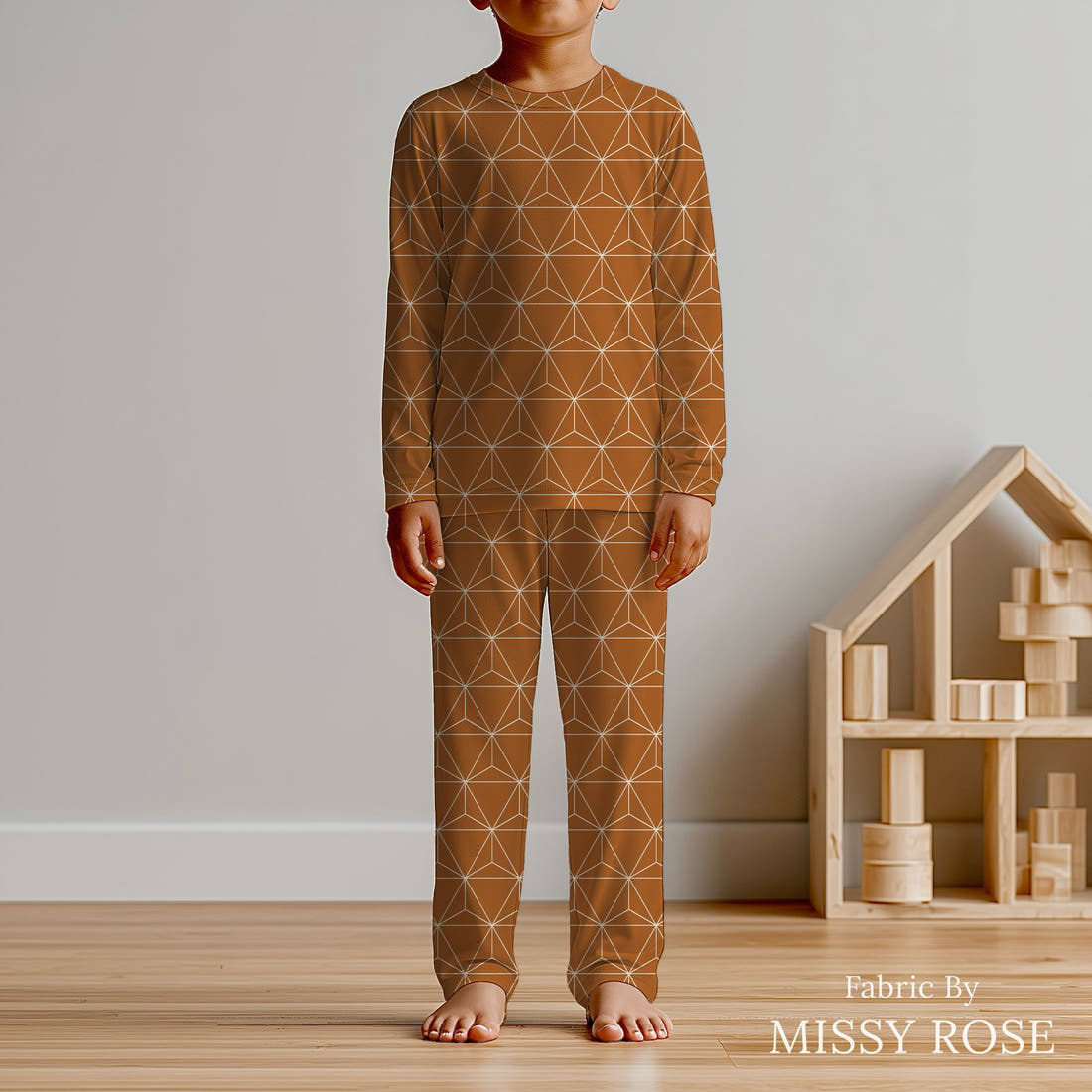 Indy Bloom Fabric Desert Rose Luxe Copper 17 sewn into kids' pyjamas - custom printed fabric | Fabric by Missy Rose