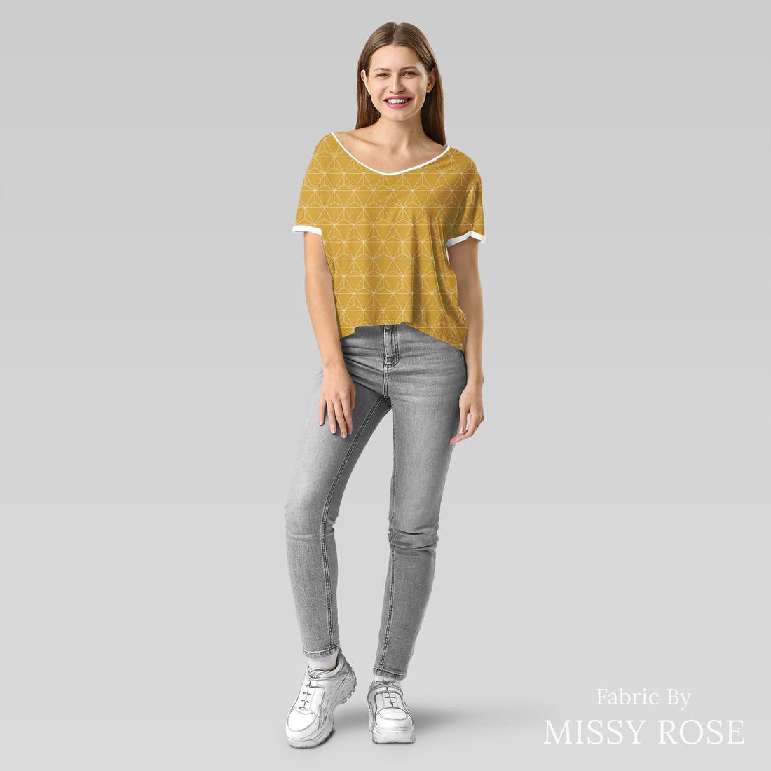 Indy Bloom Fabric Desert Rose Luxe Mustard 18 sewn into an everyday tee - custom printed fabric | Fabric by Missy Rose