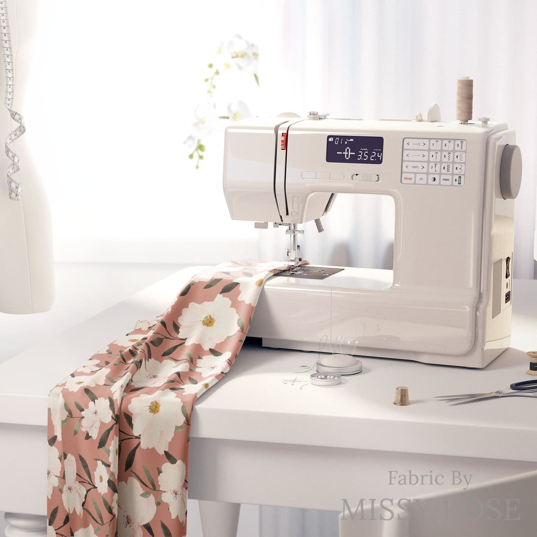Indy Bloom Fabric Desert Rose White Lily 01 fabric on a sewing machine - sew your own | Fabric by Missy Rose