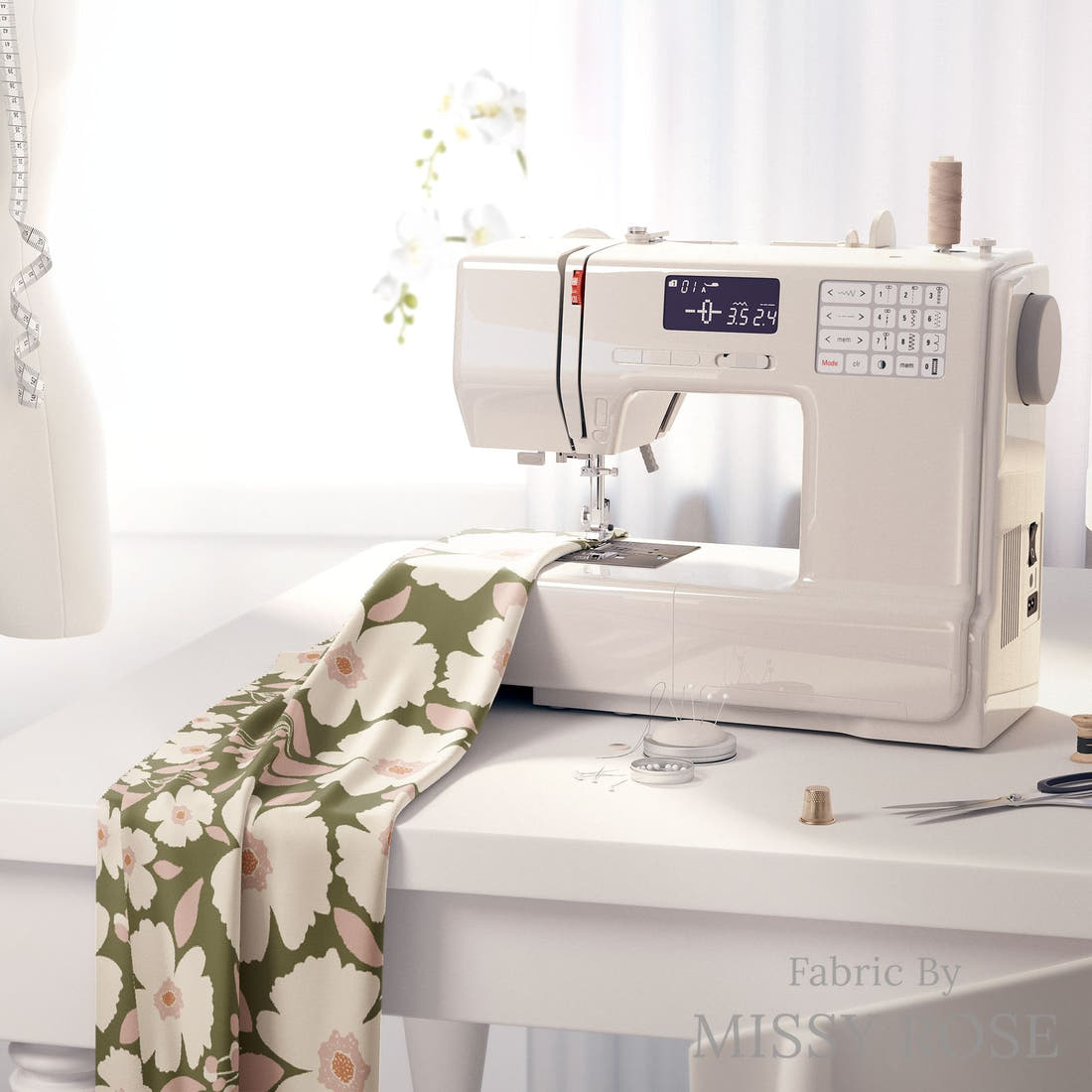 Indy Bloom Fabric Easter Party Blossoms Olive 12 fabric on a sewing machine - sew your own | Fabric by Missy Rose