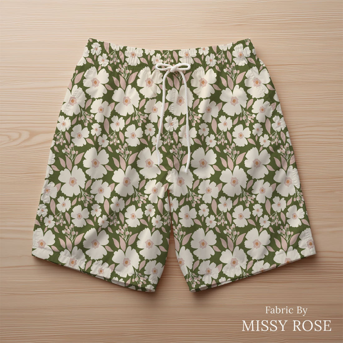 Indy Bloom Fabric Easter Party Blossoms Olive 12 sewn into swim shorts - custom printed fabric | Fabric by Missy Rose