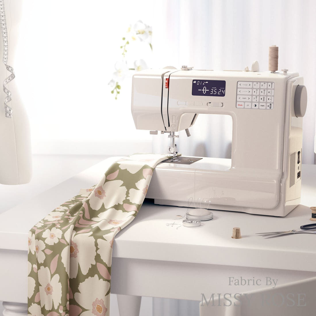 Indy Bloom Fabric Easter Party Blossoms Sage 13 fabric on a sewing machine - sew your own | Fabric by Missy Rose