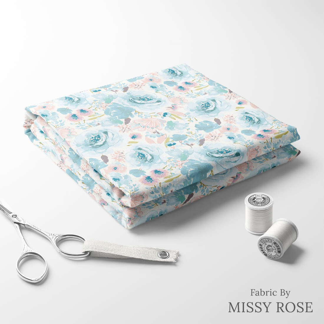 Indy Bloom Fabric Easter Party Blue Blossoms 02 folded fabric stack with matching thread - pre-order fabric Australia | Fabric by Missy Rose