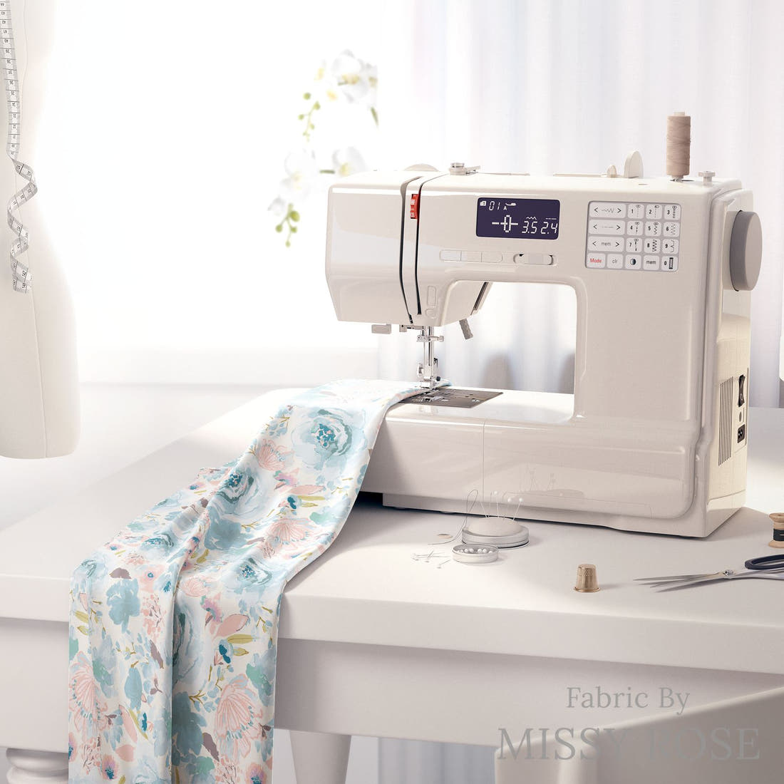 Indy Bloom Fabric Easter Party Blue Blossoms 02 fabric on a sewing machine - sew your own | Fabric by Missy Rose