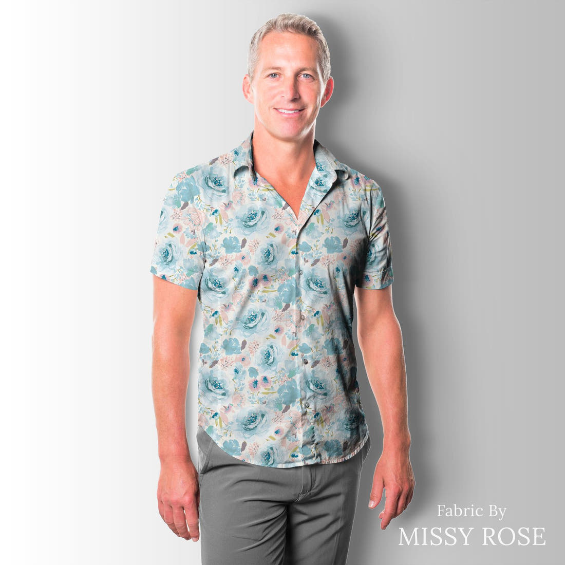 Indy Bloom Fabric Easter Party Blue Blossoms 02 sewn into a men's shirt - custom printed fabric | Fabric by Missy Rose