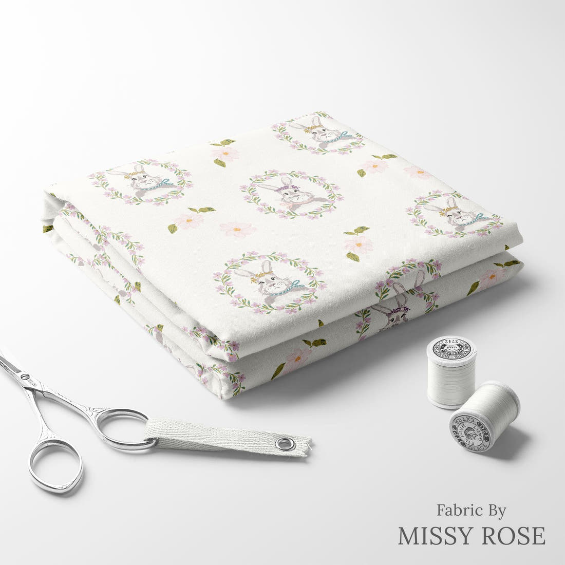 Indy Bloom Fabric Easter Party Bunnies 03 folded fabric stack with matching thread - pre-order fabric Australia | Fabric by Missy Rose
