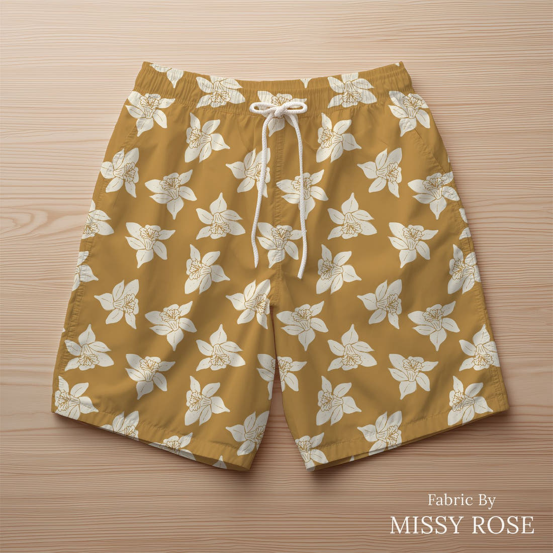 Indy Bloom Fabric Easter Party Daffodil 20 sewn into swim shorts - custom printed fabric | Fabric by Missy Rose