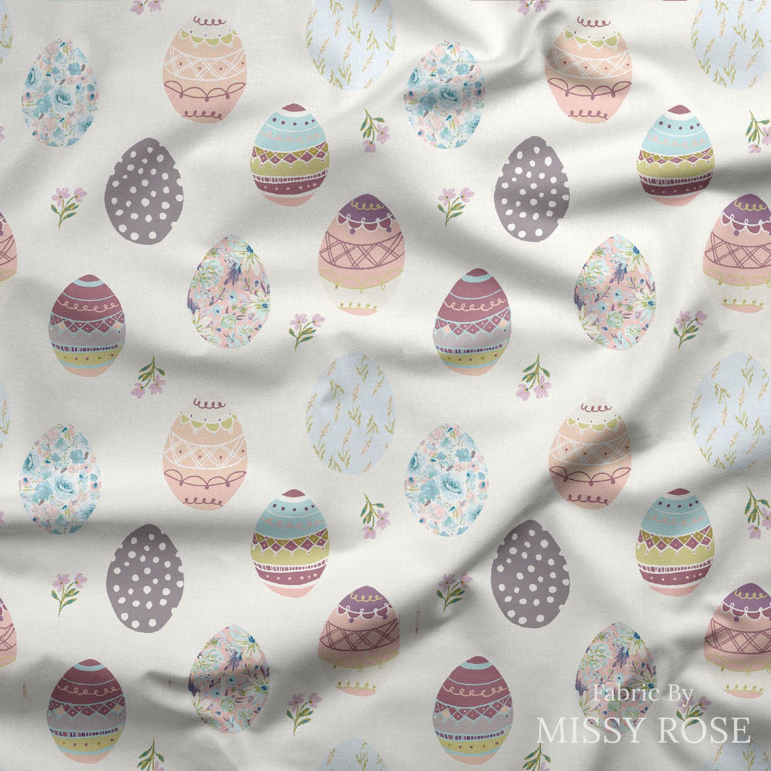 Indy Bloom Fabric Easter Party Eggs 04 draped fabric mockup - custom printed fabric by the metre | Fabric by Missy Rose