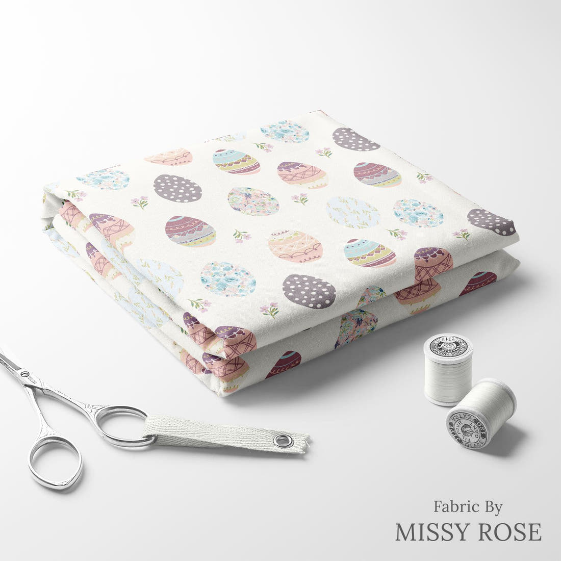 Indy Bloom Fabric Easter Party Eggs 04 folded fabric stack with matching thread - pre-order fabric Australia | Fabric by Missy Rose