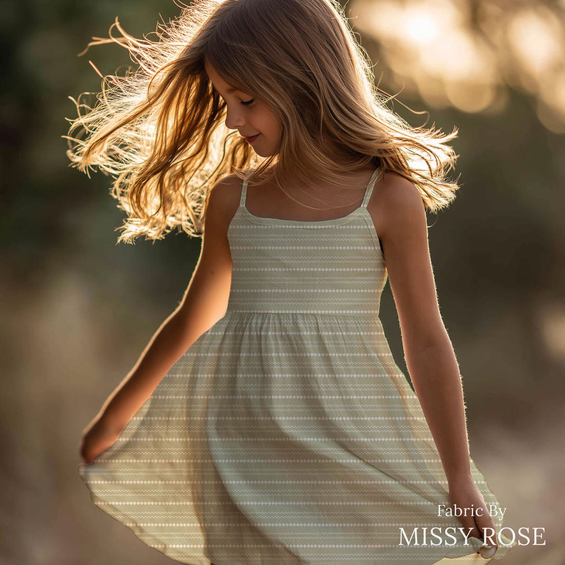 Indy Bloom Fabric Easter Party Knit in Sage 23 sewn into a girls' dress - custom printed fabric | Fabric by Missy Rose