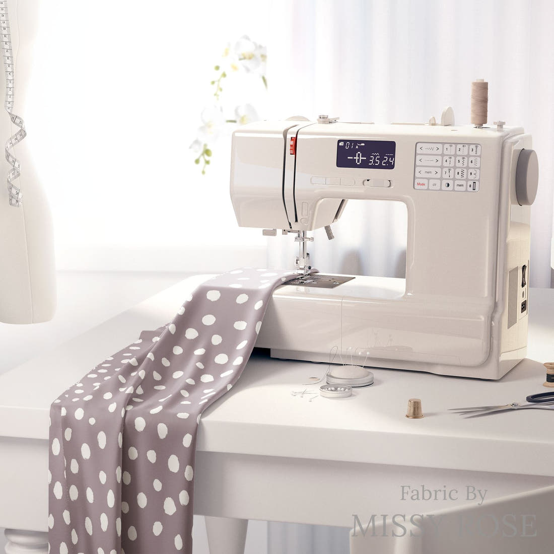 Indy Bloom Fabric Easter Party Polka Purple 06 fabric on a sewing machine - sew your own | Fabric by Missy Rose
