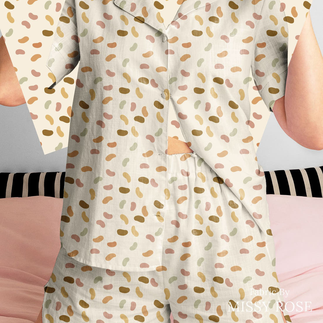 Indy Bloom Fabric Easter Party Rainbow Beans 24 sewn into a women's pyjama set - custom printed fabric | Fabric by Missy Rose