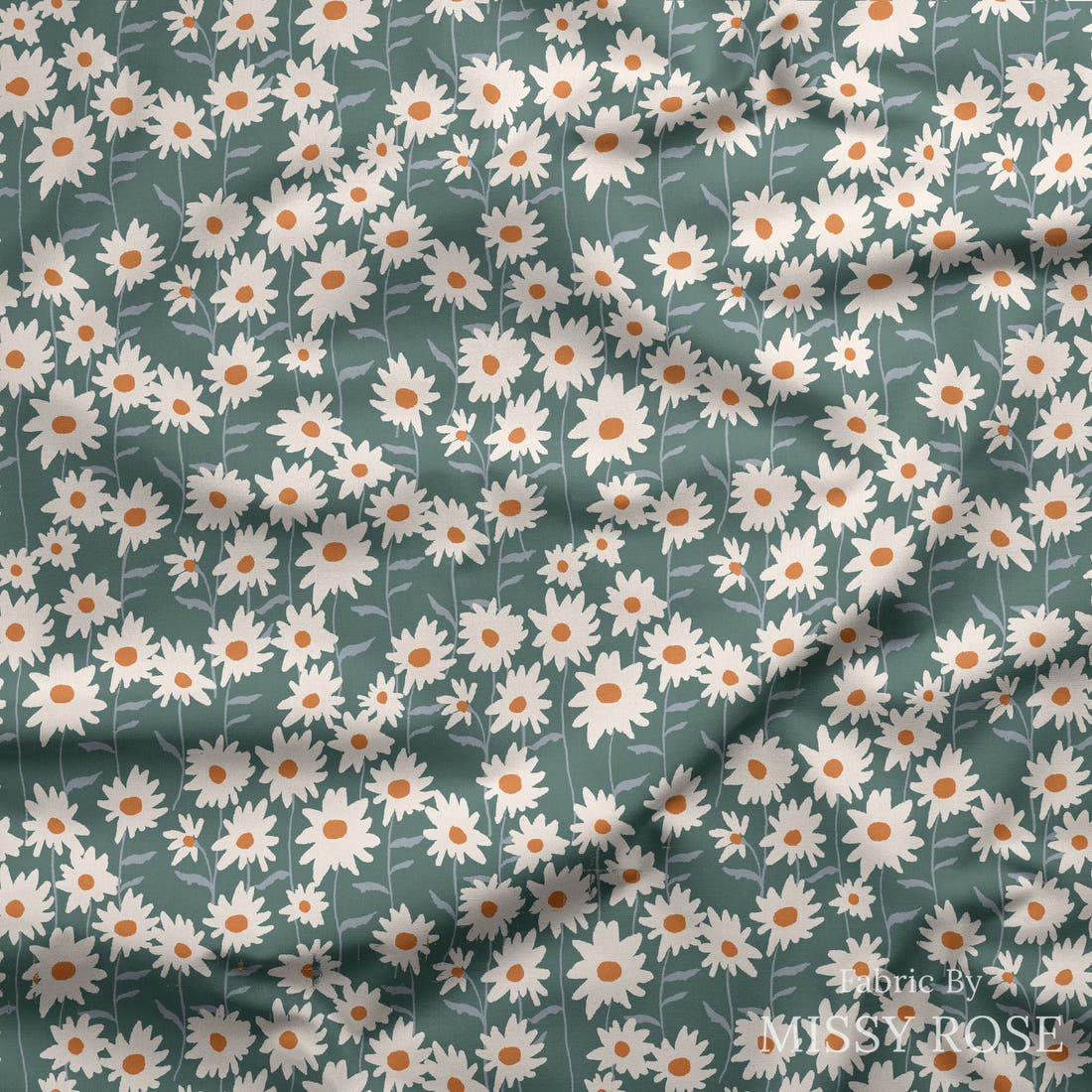 Indy Bloom Fabric Ember Fall Daisy Garden In Green 07 draped fabric mockup - custom printed fabric by the metre | Fabric by Missy Rose