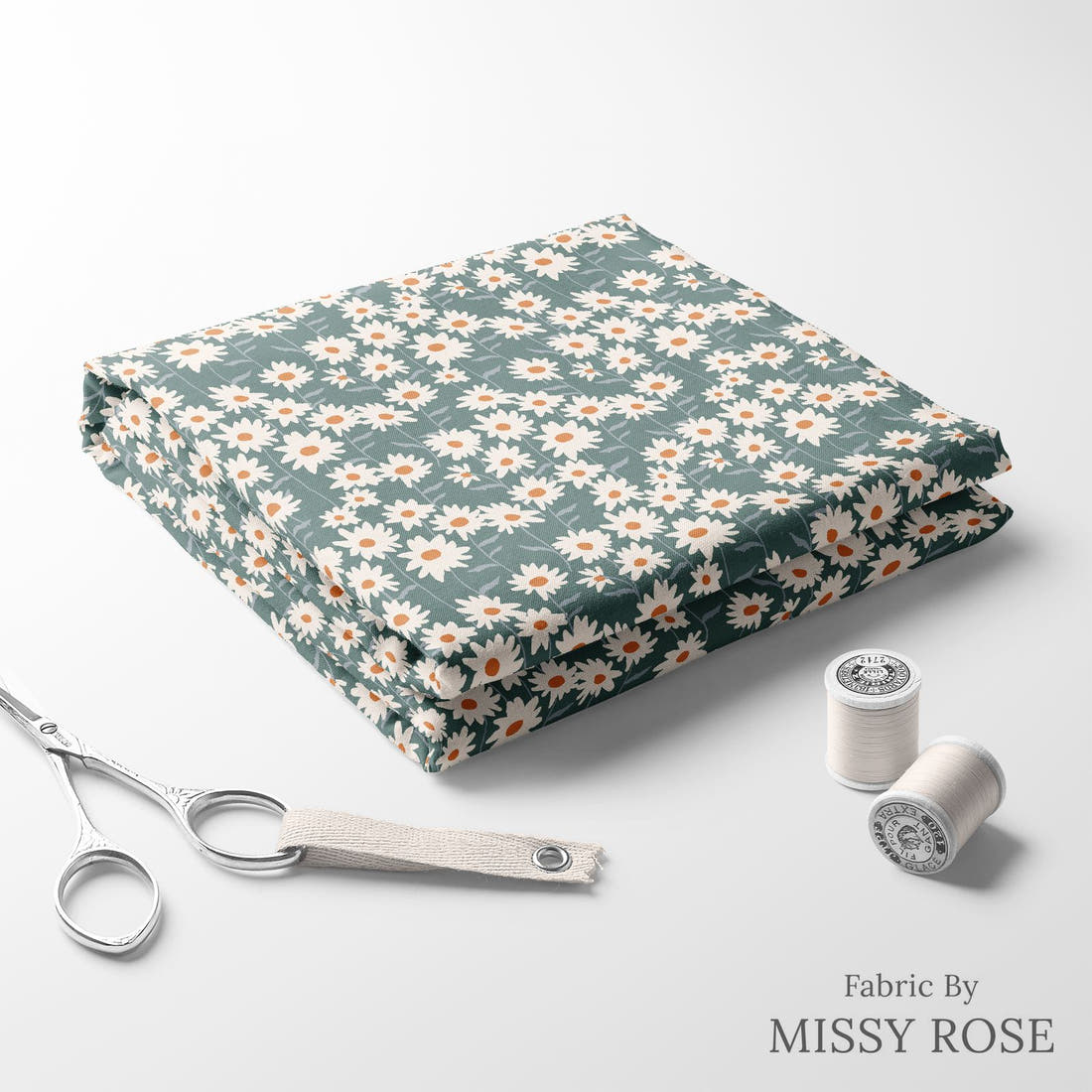 Indy Bloom Fabric Ember Fall Daisy Garden In Green 07 folded fabric stack with matching thread - pre-order fabric Australia | Fabric by Missy Rose