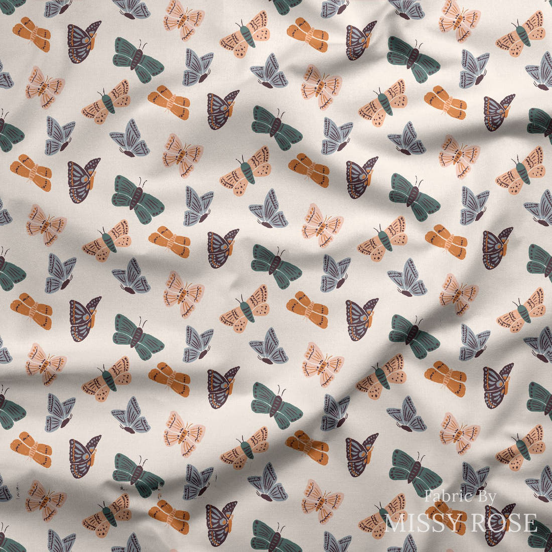 Indy Bloom Fabric Ember Fall Moths In Cream 03 draped fabric mockup - custom printed fabric by the metre | Fabric by Missy Rose