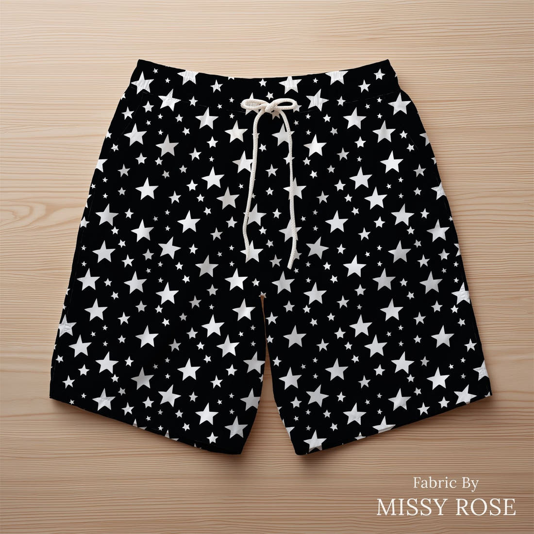 Indy Bloom Fabric Fall Black Stars 16 sewn into swim shorts - custom printed fabric | Fabric by Missy Rose