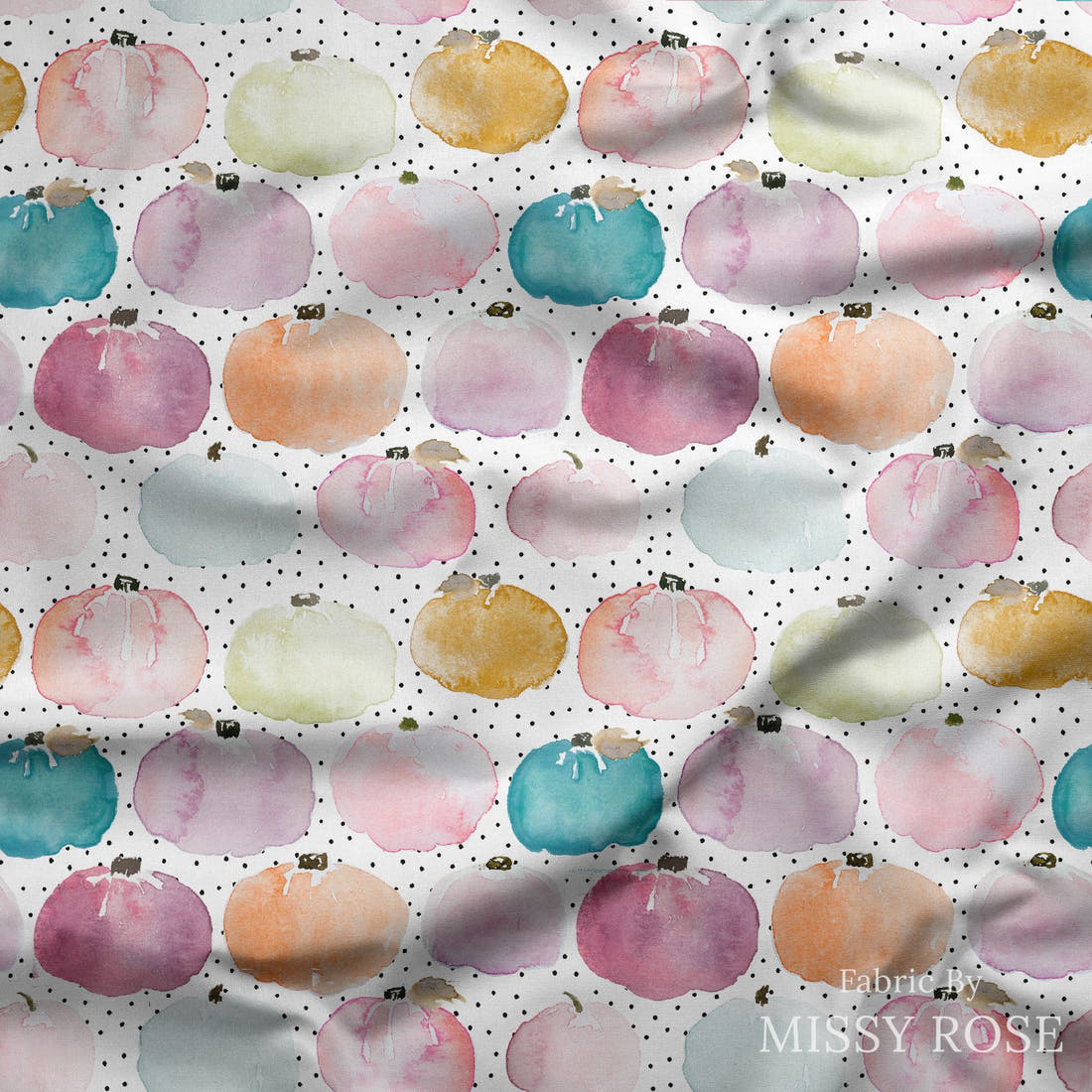 Indy Bloom Fabric Fall Pumpkin Pastel Polka 08 draped fabric mockup - custom printed fabric by the metre | Fabric by Missy Rose