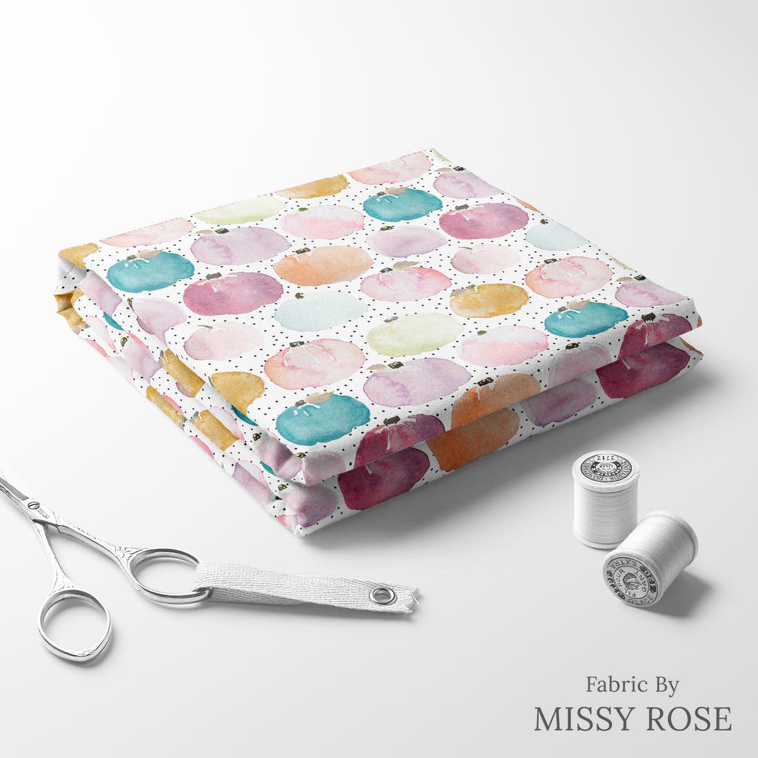 Indy Bloom Fabric Fall Pumpkin Pastel Polka 08 folded fabric stack with matching thread - pre-order fabric Australia | Fabric by Missy Rose