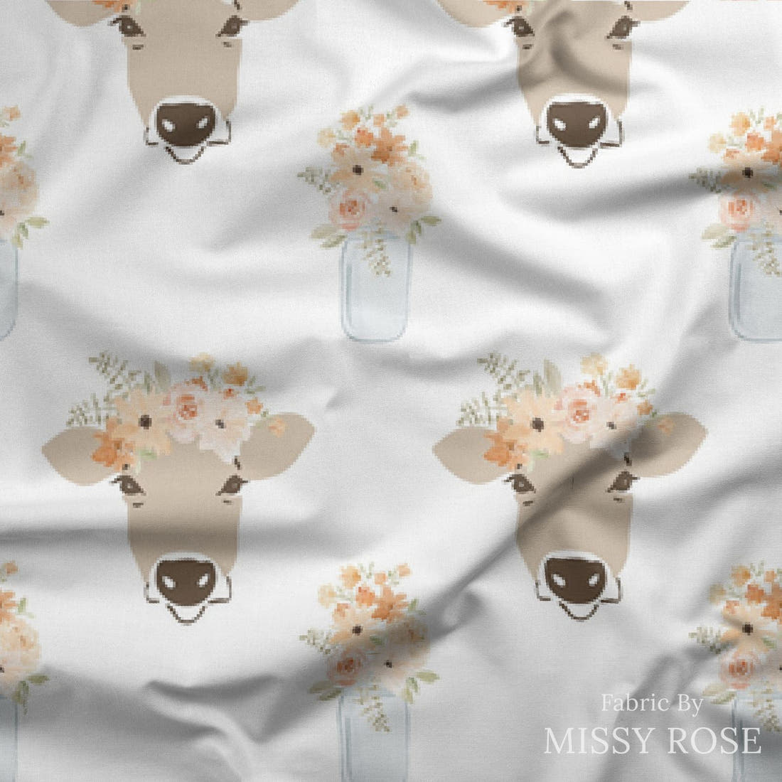 Indy Bloom Fabric Farmhouse Clara Cow 03 draped fabric mockup - custom printed fabric by the metre | Fabric by Missy Rose