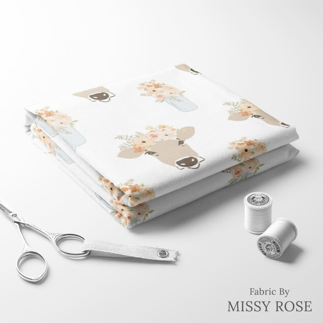 Indy Bloom Fabric Farmhouse Clara Cow 03 folded fabric stack with matching thread - pre-order fabric Australia | Fabric by Missy Rose