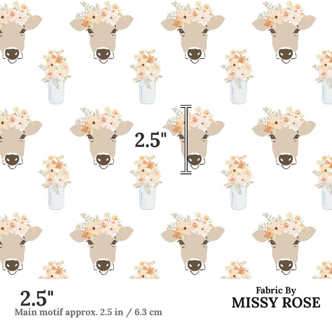 Indy Bloom Fabric Farmhouse Clara Cow 03 2.5 inch print scale guide | Fabric by Missy Rose
