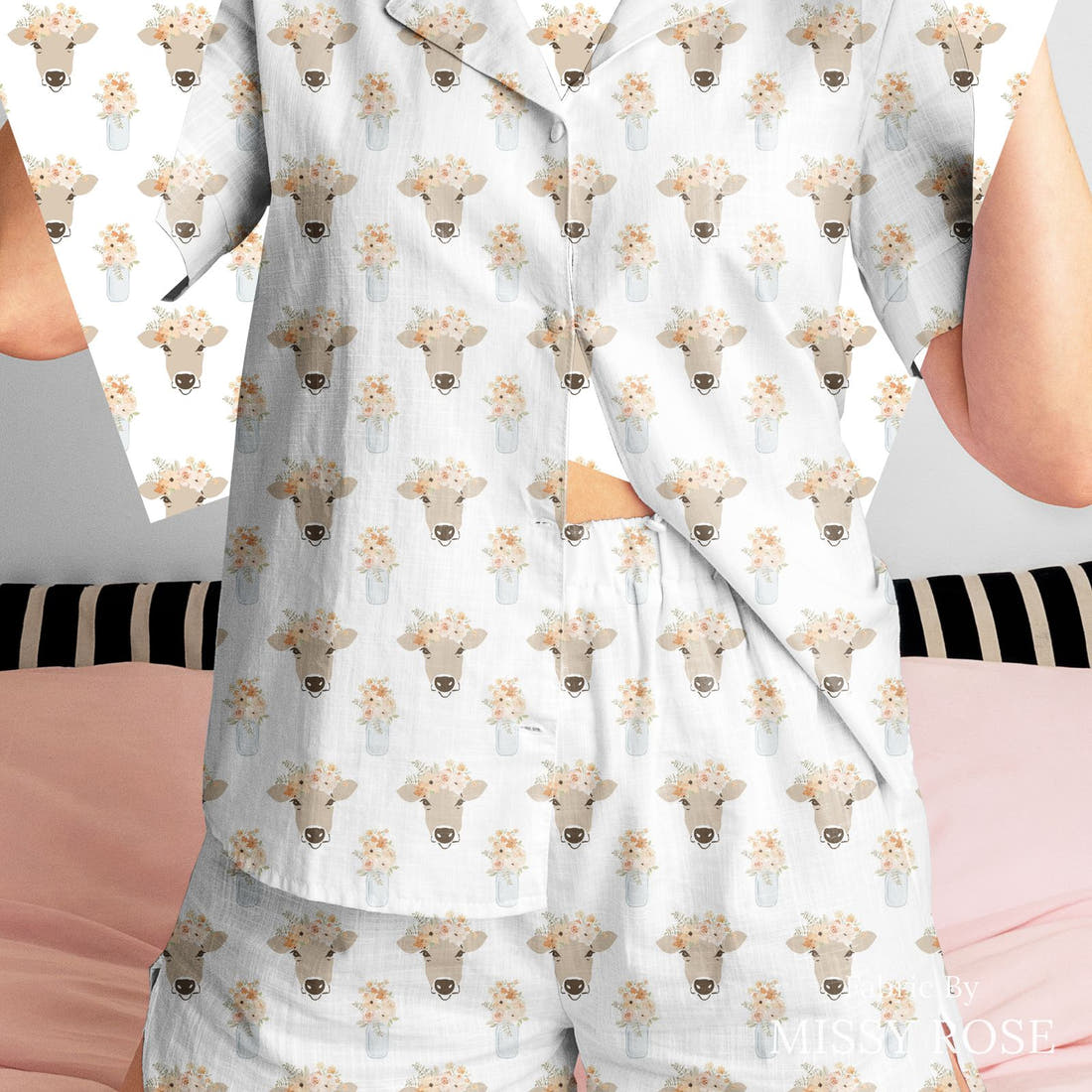 Indy Bloom Fabric Farmhouse Clara Cow 03 sewn into a women's pyjama set - custom printed fabric | Fabric by Missy Rose