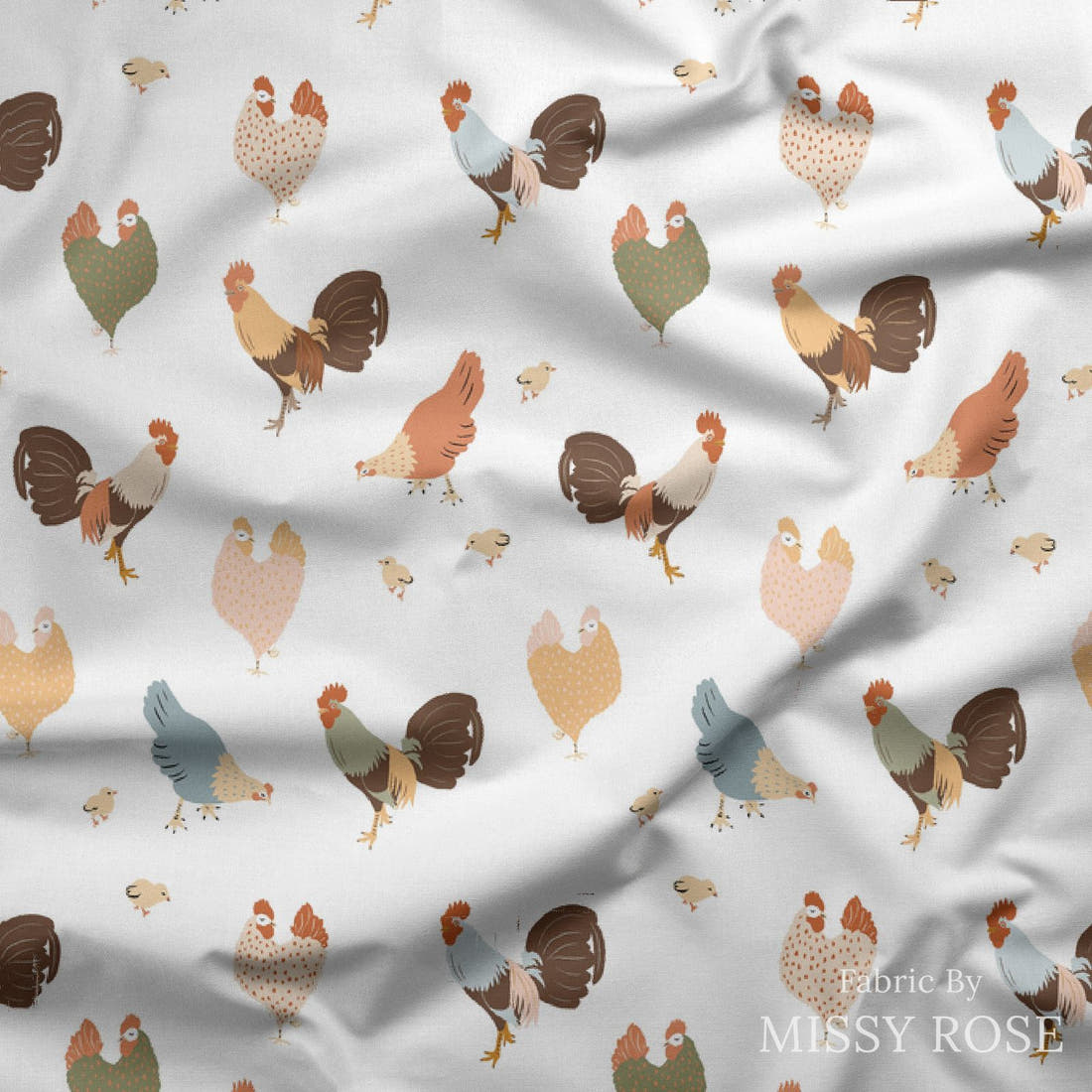 Indy Bloom Fabric Farmhouse Cluck Cluck 05 draped fabric mockup - custom printed fabric by the metre | Fabric by Missy Rose