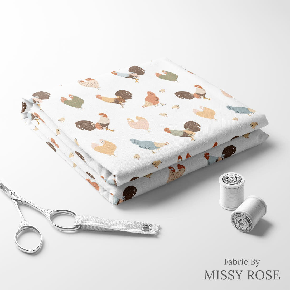 Indy Bloom Fabric Farmhouse Cluck Cluck 05 folded fabric stack with matching thread - pre-order fabric Australia | Fabric by Missy Rose