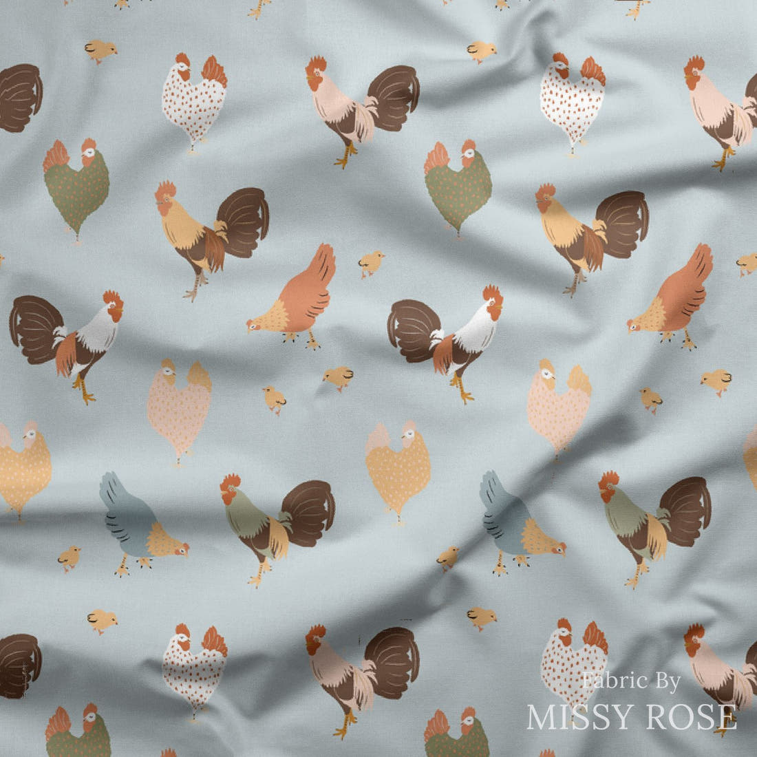Indy Bloom Fabric Farmhouse Cluck Cluck in Robins Egg 06 draped fabric mockup - custom printed fabric by the metre | Fabric by Missy Rose