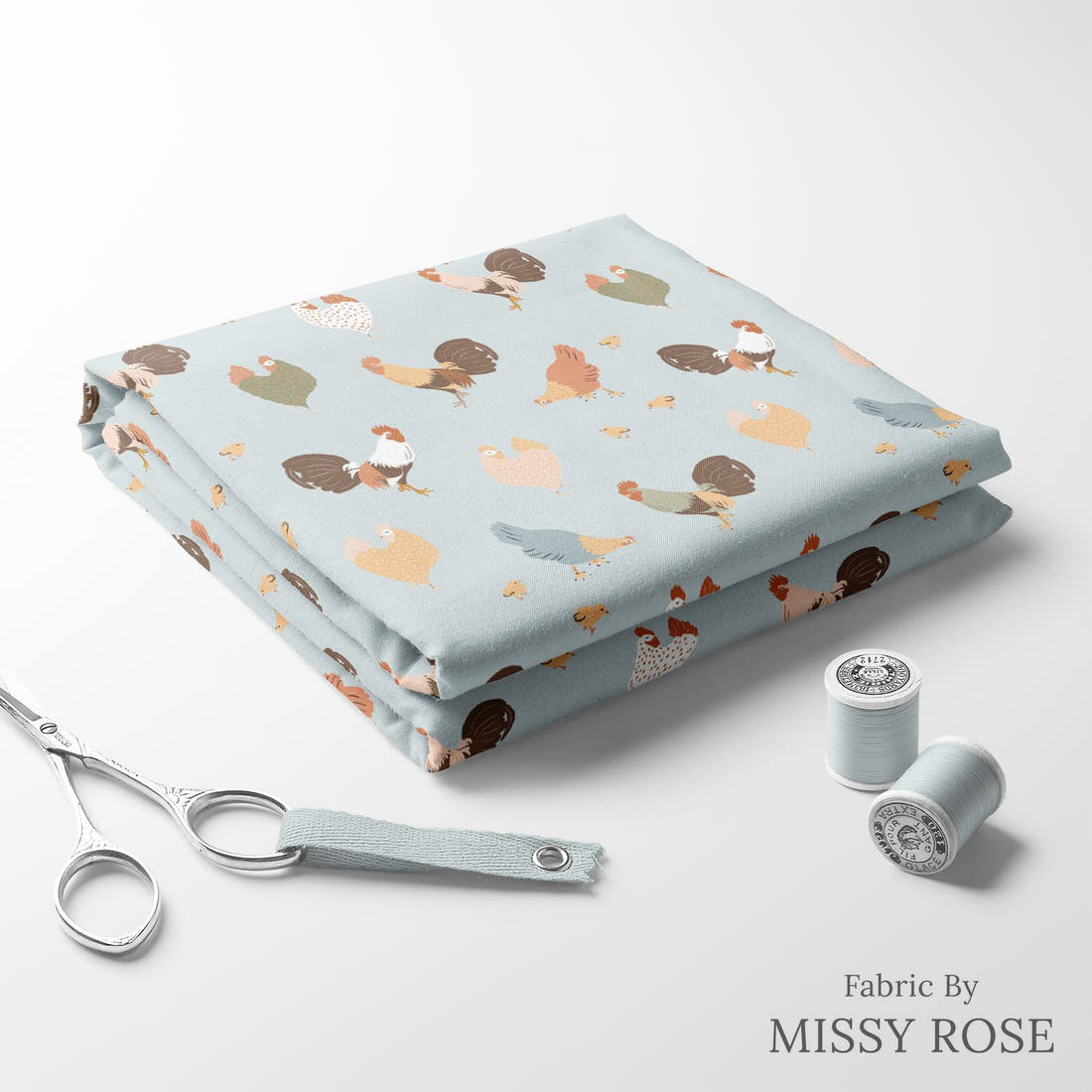 Indy Bloom Fabric Farmhouse Cluck Cluck in Robins Egg 06 folded fabric stack with matching thread - pre-order fabric Australia | Fabric by Missy Rose