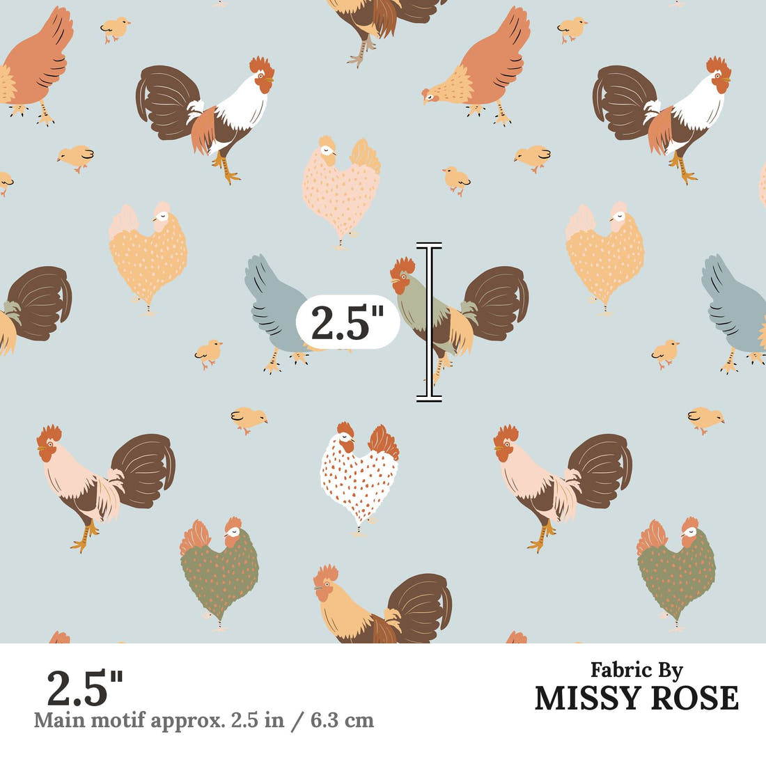 Indy Bloom Fabric Farmhouse Cluck Cluck in Robins Egg 06 2.5 inch print scale guide | Fabric by Missy Rose