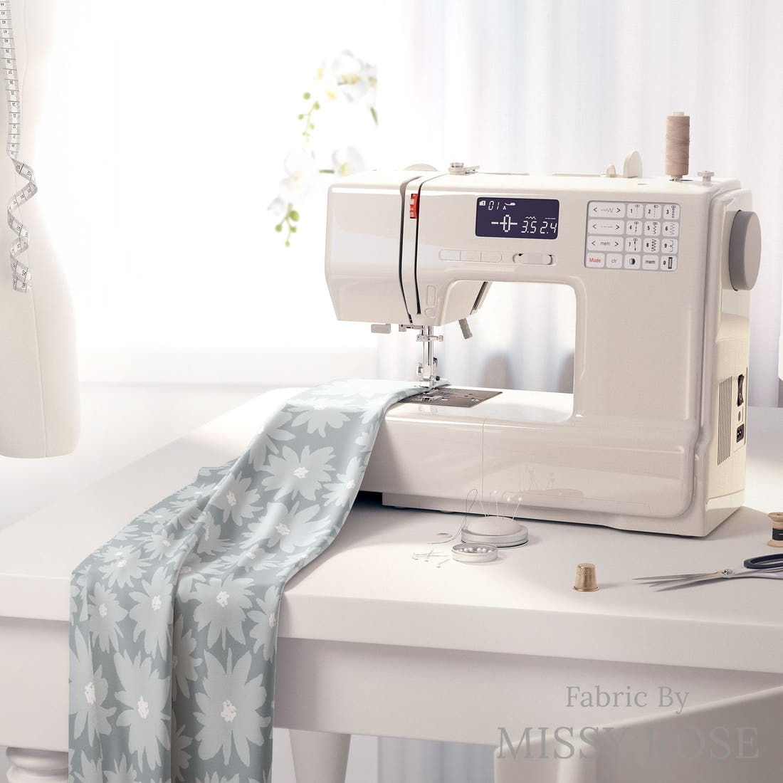 Indy Bloom Fabric Farmhouse Jean Blue Daisy 12 fabric on a sewing machine - sew your own | Fabric by Missy Rose