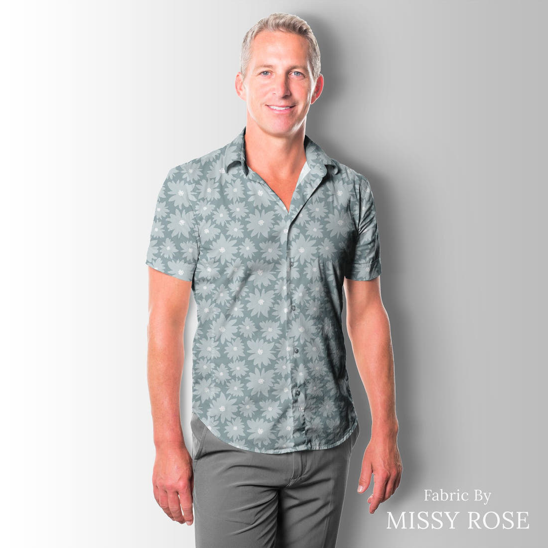 Indy Bloom Fabric Farmhouse Jean Blue Daisy 12 sewn into a men's shirt - custom printed fabric | Fabric by Missy Rose