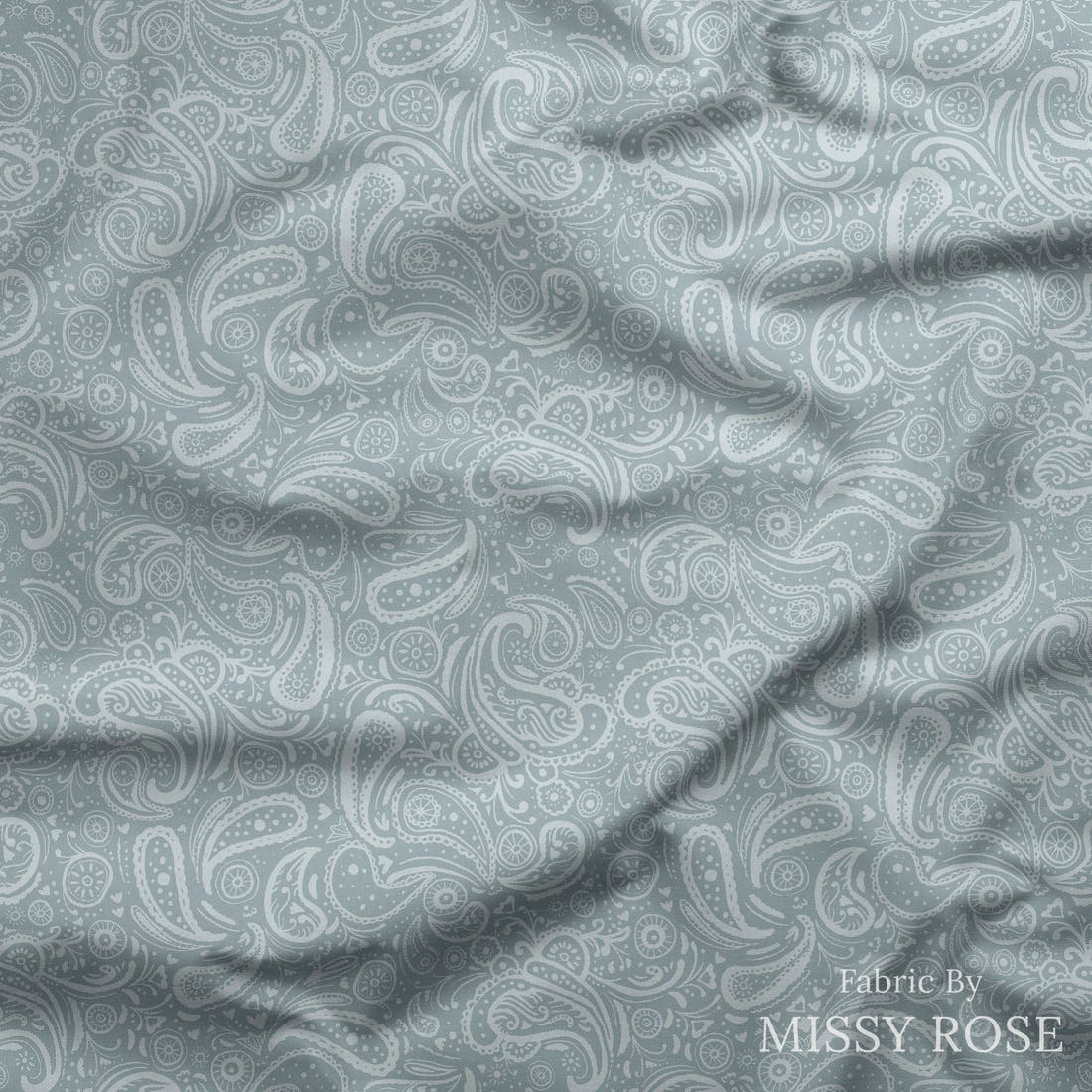 Indy Bloom Fabric Farmhouse Jean Blue Paisley 09 draped fabric mockup - custom printed fabric by the metre | Fabric by Missy Rose
