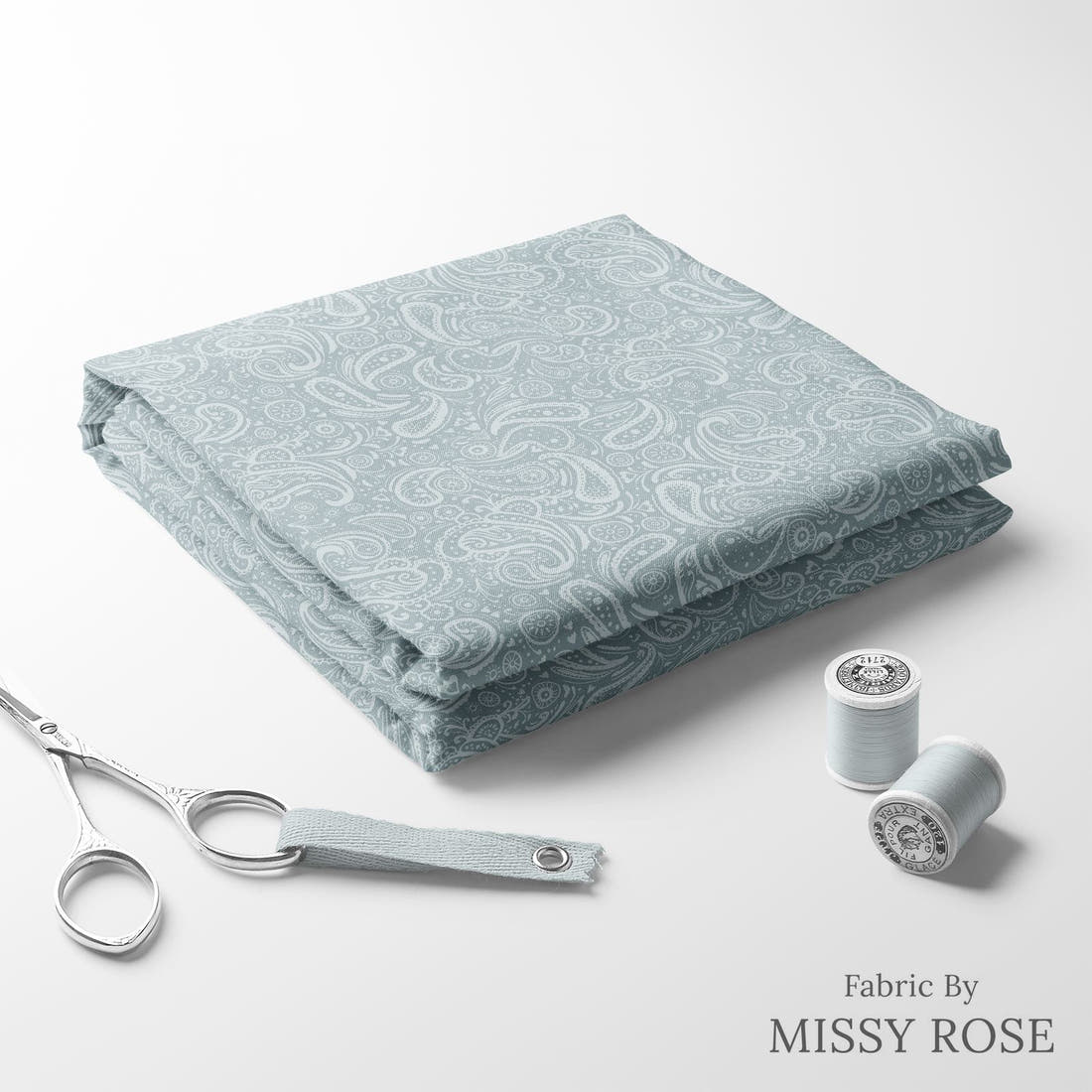 Indy Bloom Fabric Farmhouse Jean Blue Paisley 09 folded fabric stack with matching thread - pre-order fabric Australia | Fabric by Missy Rose