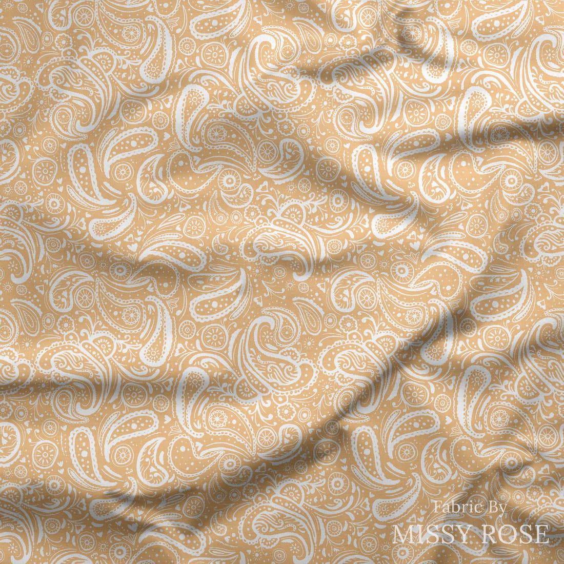 Indy Bloom Fabric Farmhouse Paisley in Daffodil 08 draped fabric mockup - custom printed fabric by the metre | Fabric by Missy Rose