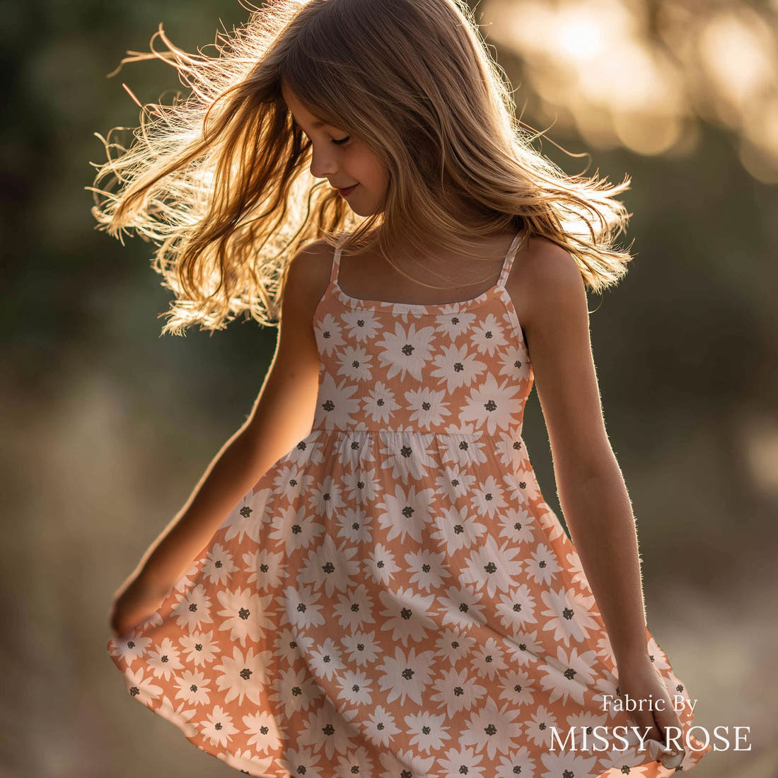Indy Bloom Fabric Farmhouse Sunset Daisy 10 sewn into a girls' dress - custom printed fabric | Fabric by Missy Rose