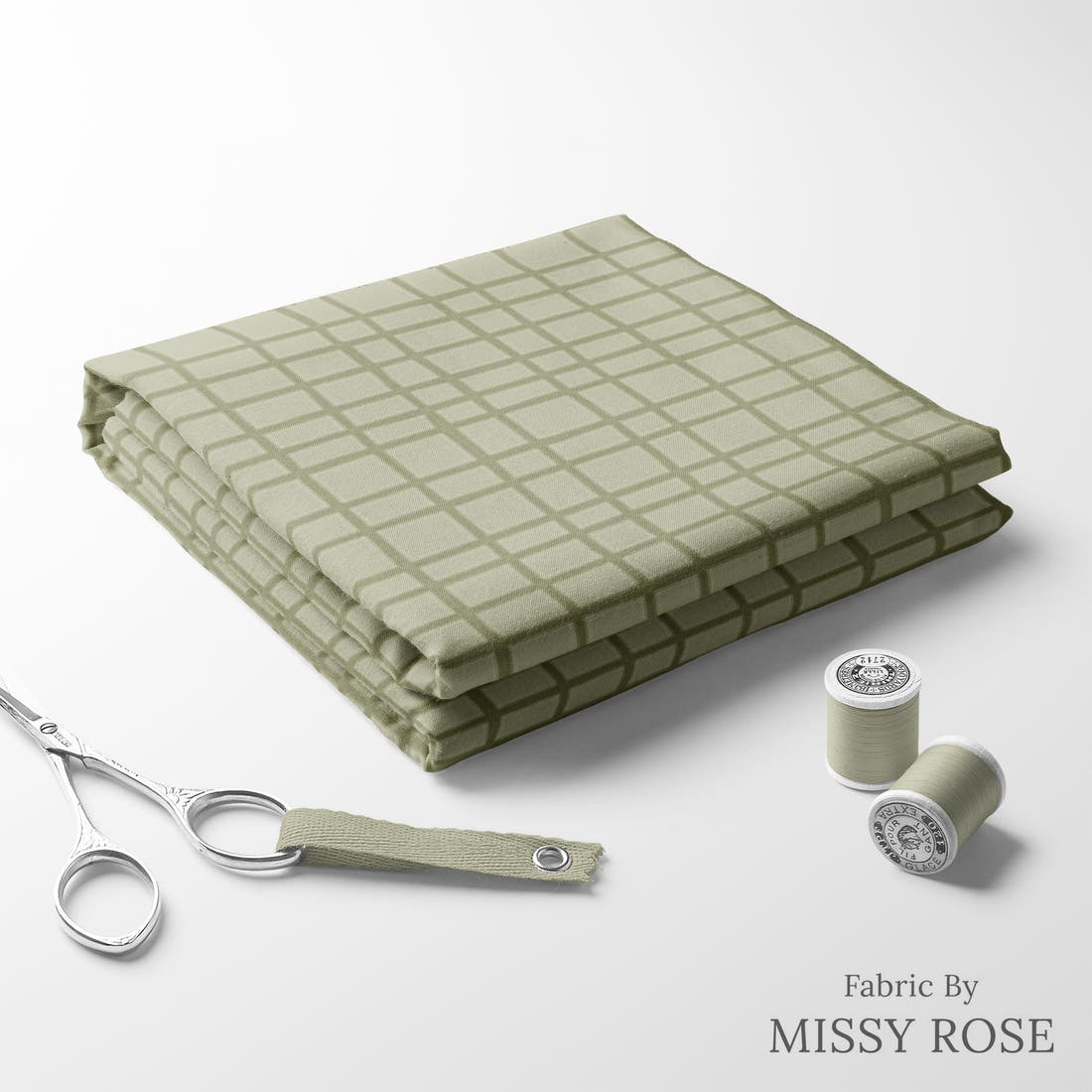 Indy Bloom Fabric Farmhouse Tweed in Sage 15 folded fabric stack with matching thread - pre-order fabric Australia | Fabric by Missy Rose