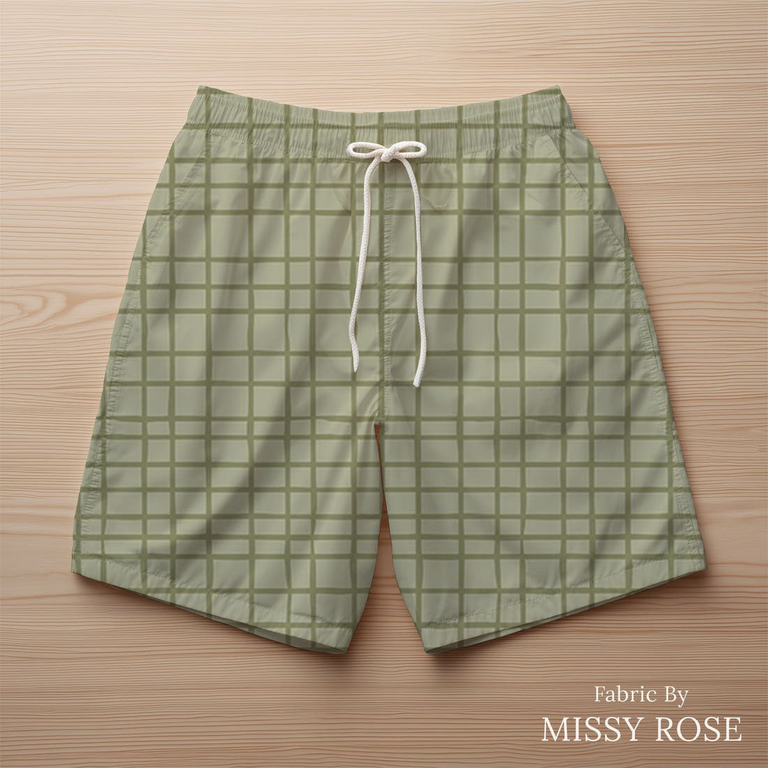 Indy Bloom Fabric Farmhouse Tweed in Sage 15 sewn into swim shorts - custom printed fabric | Fabric by Missy Rose