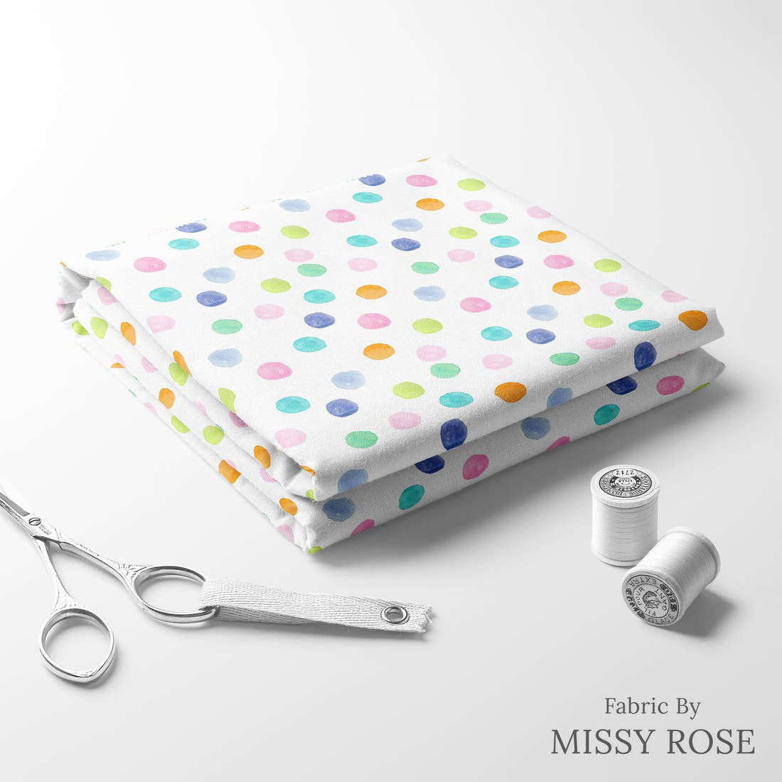 Indy Bloom Fabric Flamingo Summer Dipped Dots 02 folded fabric stack with matching thread - pre-order fabric Australia | Fabric by Missy Rose