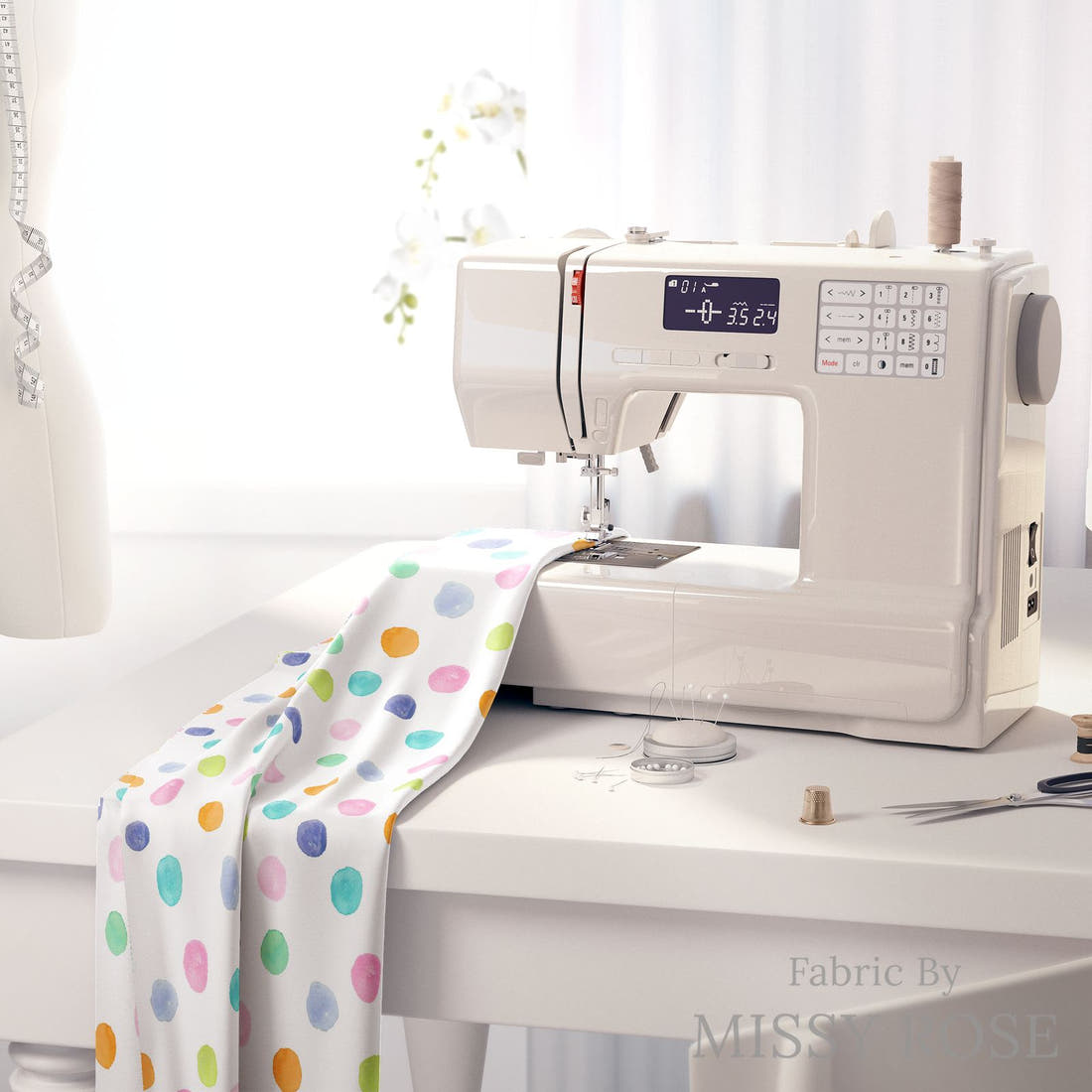 Indy Bloom Fabric Flamingo Summer Dipped Dots 02 fabric on a sewing machine - sew your own | Fabric by Missy Rose